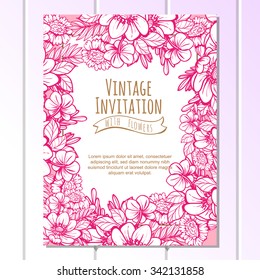 Vintage delicate invitation with flowers for wedding, marriage, bridal, birthday, Valentine's day. Romantic vector illustration.