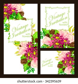 Vintage delicate invitation with flowers for wedding, marriage, bridal, birthday, Valentine's day. Romantic vector illustration.