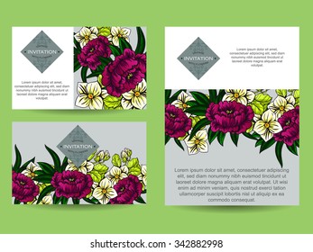 Vintage delicate invitation with flowers for wedding, marriage, bridal, birthday, Valentine's day. Romantic vector illustration.