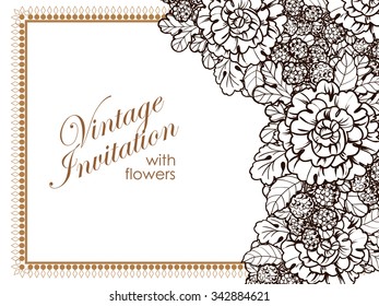 Vintage delicate invitation with flowers for wedding, marriage, bridal, birthday, Valentine's day. Romantic vector illustration.