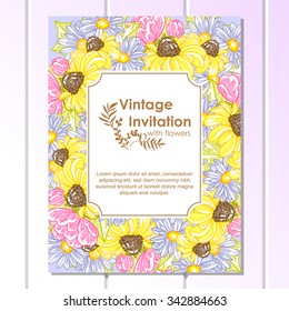 Vintage delicate invitation with flowers for wedding, marriage, bridal, birthday, Valentine's day. Romantic vector illustration.