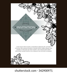Vintage delicate invitation with flowers for wedding, marriage, bridal, birthday, Valentine's day. Romantic vector illustration.
