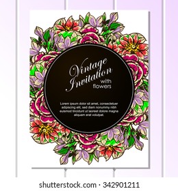Vintage delicate invitation with flowers for wedding, marriage, bridal, birthday, Valentine's day. Romantic vector illustration.