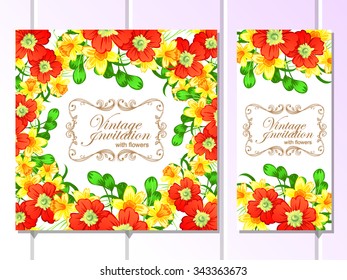 Vintage delicate invitation with flowers for wedding, marriage, bridal, birthday, Valentine's day. Romantic vector illustration.