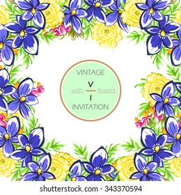 Vintage delicate invitation with flowers for wedding, marriage, bridal, birthday, Valentine's day. Romantic vector illustration.
