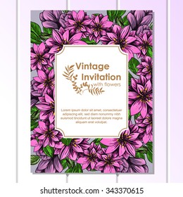 Vintage delicate invitation with flowers for wedding, marriage, bridal, birthday, Valentine's day. Romantic vector illustration.
