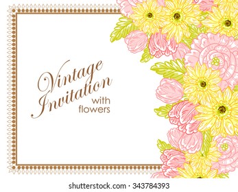 Vintage delicate invitation with flowers for wedding, marriage, bridal, birthday, Valentine's day.