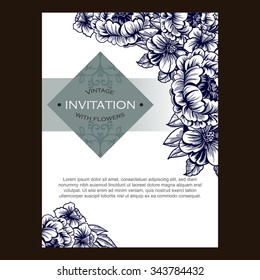 Vintage delicate invitation with flowers for wedding, marriage, bridal, birthday, Valentine's day.