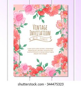 Vintage delicate invitation with flowers for wedding, marriage, bridal, birthday, Valentine's day