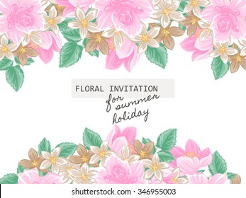 Vintage delicate invitation with flowers for wedding, marriage, bridal, birthday, Valentine's day