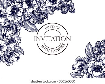 Vintage delicate invitation with flowers for wedding, marriage, bridal, birthday, Valentine's day. 