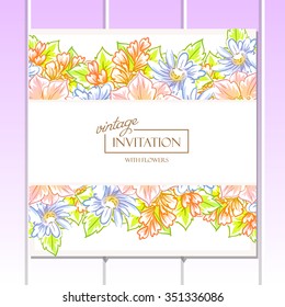 Vintage delicate invitation with flowers for wedding, marriage, bridal, birthday, Valentine's day. Romantic vector illustration.