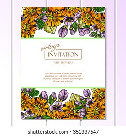 Vintage delicate invitation with flowers for wedding, marriage, bridal, birthday, Valentine's day. Romantic vector illustration.