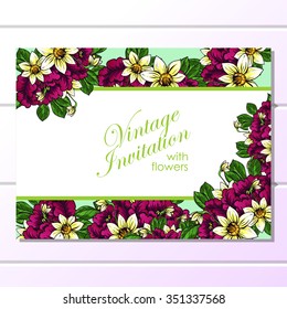 Vintage delicate invitation with flowers for wedding, marriage, bridal, birthday, Valentine's day. Romantic vector illustration.
