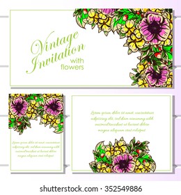 Vintage delicate invitation with flowers for wedding, marriage, bridal, birthday, Valentine's day. Romantic vector illustration.