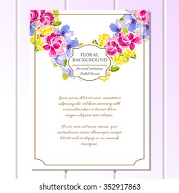 Vintage delicate invitation with flowers for wedding, marriage, bridal, birthday, Valentine's day.