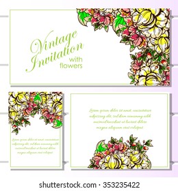 Vintage delicate invitation with flowers for wedding, marriage, bridal, birthday, Valentine's day.