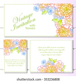 Vintage delicate invitation with flowers for wedding, marriage, bridal, birthday, Valentine's day.