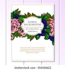 Vintage delicate invitation with flowers for wedding, marriage, bridal, birthday, Valentine's day.