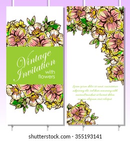 Vintage delicate invitation with flowers for wedding, marriage, bridal, birthday, Valentine's day. Romantic vector illustration.