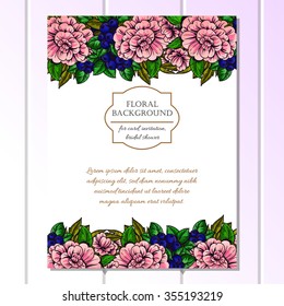 Vintage delicate invitation with flowers for wedding, marriage, bridal, birthday, Valentine's day. Romantic vector illustration.