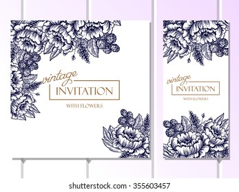 Vintage delicate invitation with flowers for wedding, marriage, bridal, birthday, Valentine's day. Romantic vector illustration.
