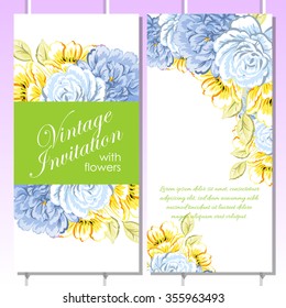 Vintage delicate invitation with flowers for wedding, marriage, bridal, birthday, Valentine's day.