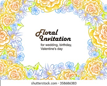 Vintage delicate invitation with flowers for wedding, marriage, bridal, birthday, Valentine's day. Romantic vector illustration.