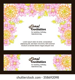 Vintage delicate invitation with flowers for wedding, marriage, bridal, birthday, Valentine's day. Romantic vector illustration.