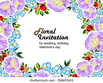 Vintage delicate invitation with flowers for wedding, marriage, bridal, birthday, Valentine's day. Romantic vector illustration.