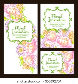Vintage delicate invitation with flowers for wedding, marriage, bridal, birthday, Valentine's day. Romantic vector illustration.