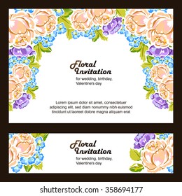 Vintage delicate invitation with flowers for wedding, marriage, bridal, birthday, Valentine's day. Romantic vector illustration.