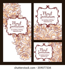 Vintage delicate invitation with flowers for wedding, marriage, bridal, birthday, Valentine's day. Romantic vector illustration.