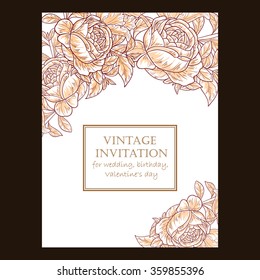 Vintage delicate invitation with flowers for wedding, marriage, bridal, birthday, Valentine's day. Romantic vector illustration.