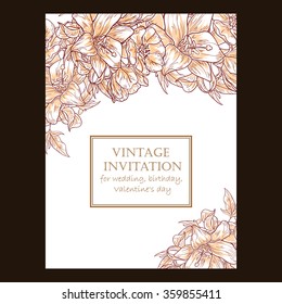 Vintage delicate invitation with flowers for wedding, marriage, bridal, birthday, Valentine's day. Romantic vector illustration.
