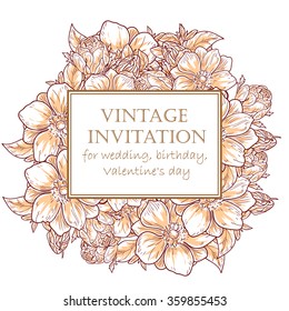 Vintage delicate invitation with flowers for wedding, marriage, bridal, birthday, Valentine's day. Romantic vector illustration.