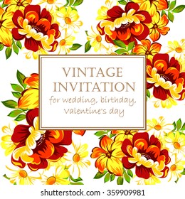 Vintage delicate invitation with flowers for wedding, marriage, bridal, birthday, Valentine's day. Romantic vector illustration.