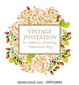 Vintage delicate invitation with flowers for wedding, marriage, bridal, birthday, Valentine's day. Romantic vector illustration.