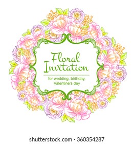 Vintage delicate invitation with flowers for wedding, marriage, bridal, birthday, Valentine's day. Romantic vector illustration.