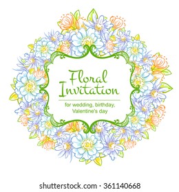Vintage delicate invitation with flowers for wedding, marriage, bridal, birthday, Valentine's day.