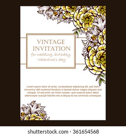 Vintage delicate invitation with flowers for wedding, marriage, bridal, birthday, Valentine's day.