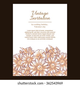 Vintage delicate invitation with flowers for wedding, marriage, bridal, birthday, Valentine's day.