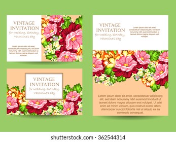 Vintage delicate invitation with flowers for wedding, marriage, bridal, birthday, Valentine's day.