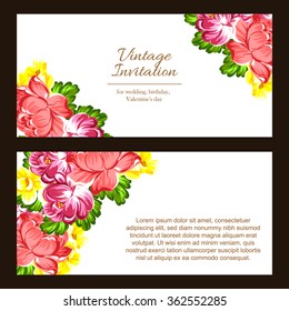 Vintage delicate invitation with flowers for wedding, marriage, bridal, birthday, Valentine's day.