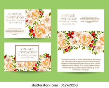 Vintage delicate invitation with flowers for wedding, marriage, bridal, birthday, Valentine's day.