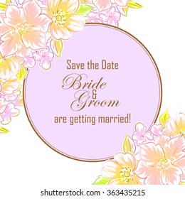 Vintage delicate invitation with flowers for wedding, marriage, bridal, birthday, Valentine's day. Romantic vector illustration.