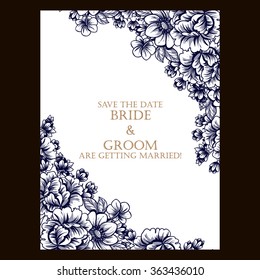 Vintage delicate invitation with flowers for wedding, marriage, bridal, birthday, Valentine's day. Romantic vector illustration.