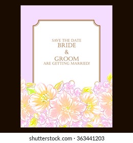 Vintage delicate invitation with flowers for wedding, marriage, bridal, birthday, Valentine's day. Romantic vector illustration.