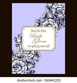 Vintage delicate invitation with flowers for wedding, marriage, bridal, birthday, Valentine's day. Romantic vector illustration.