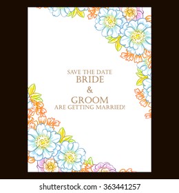 Vintage delicate invitation with flowers for wedding, marriage, bridal, birthday, Valentine's day. Romantic vector illustration.